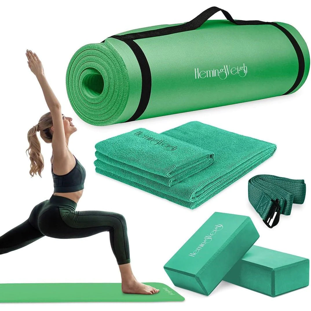 Yoga Mat Set - Complete Yoga Starter Kit with Thick Mat, Blocks, Strap, and Cooling Towels